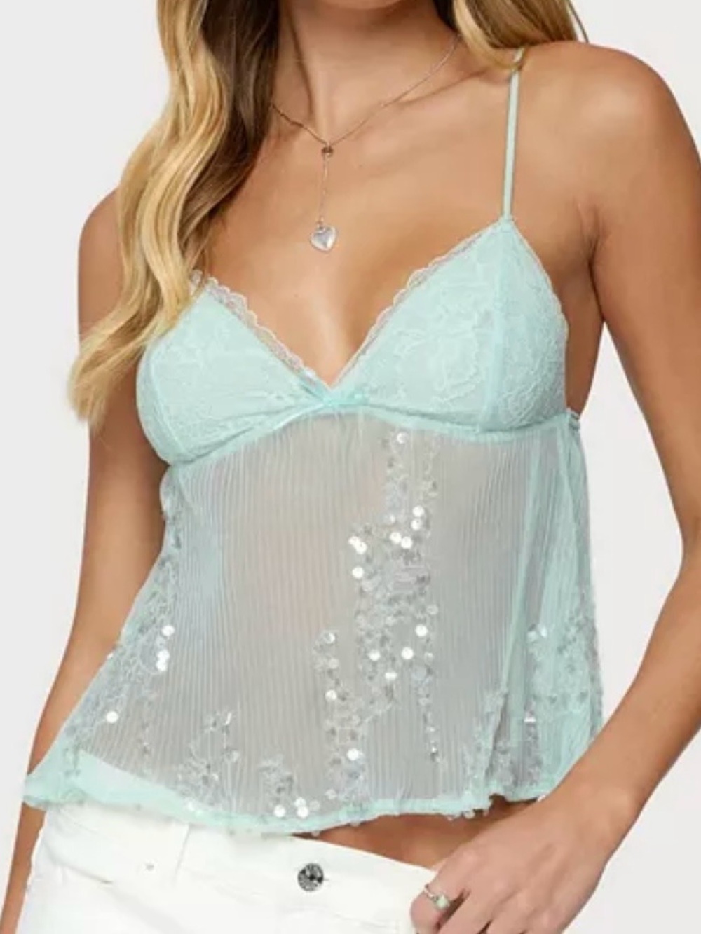Edikted Sequin Sheer Mesh Babydoll Top Turquoise